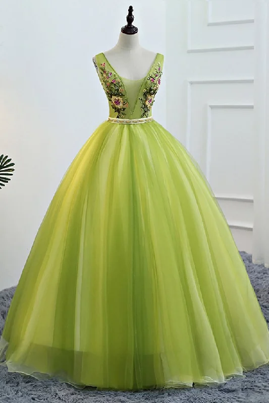 prom dress inspiration galleriesFresh Green Tulle V Neck Long Lace Up Senior Prom Dress With Applique M5443