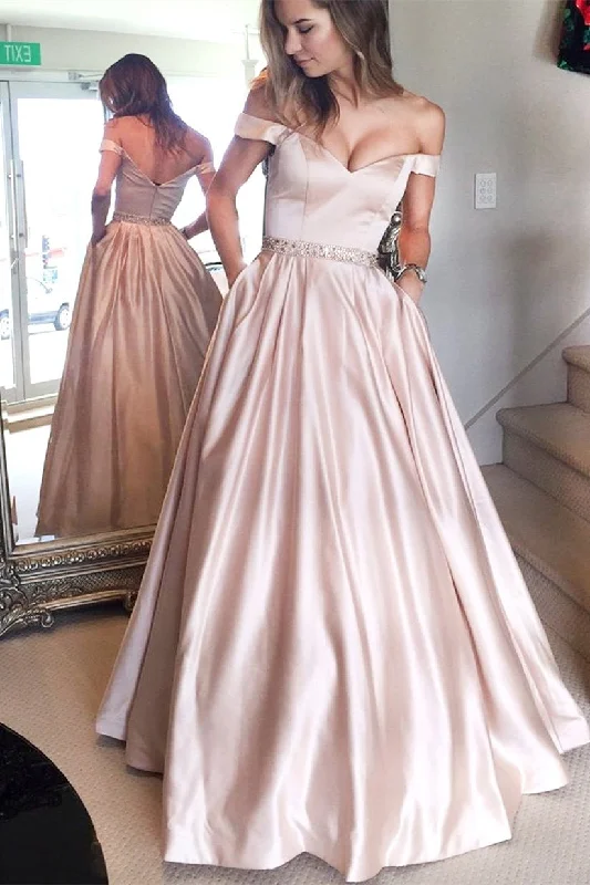 prom dresses with illusion panelsSimple A-line Off the shoulder Pink Long Prom Dress with Pockets