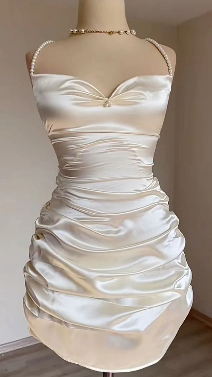 satin prom dressesWhite Short Satin Sheath Birthday Dress Short Prom Dress, MD7910