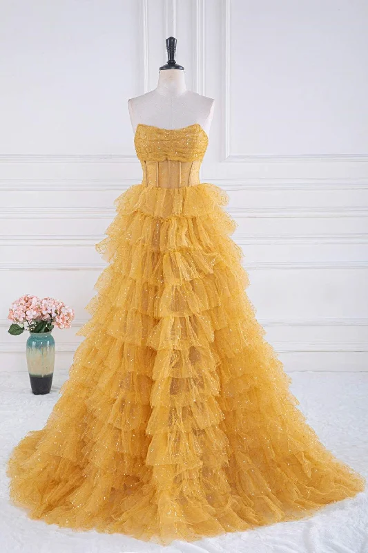 petite prom dressesSparkly Yellow Strapless Layers A-line Long Prom Dress