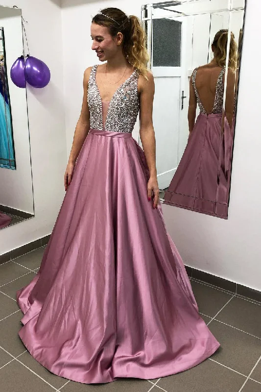 metallic prom dressesA-Line Beading Pink Long Prom Dress