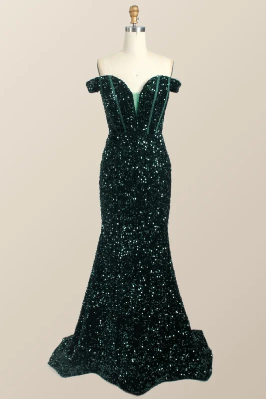 off-shoulder prom dressesOff the Shoulder Dark Green Sequin Mermaid Prom Dress