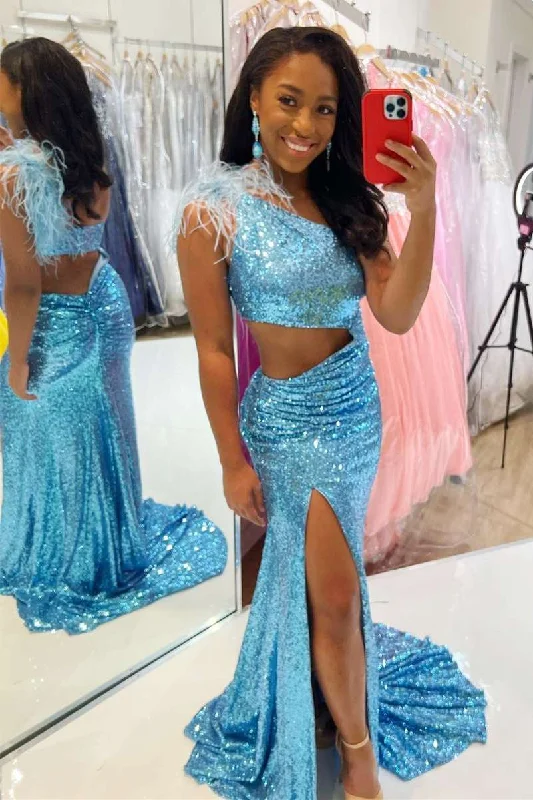 prom dresses for short girlsBlue Sequin One-Shoulder Cutout Feathers Mermaid Long Prom Gown