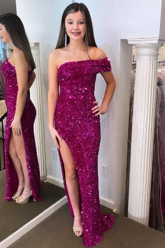 budget-friendly prom dressesFuchsia Sequin One-Shoulder Long Prom Dress with Slit