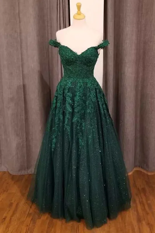 lace prom dressesHunter Green Floral Appliques Off-the-Shoulder A-Line Prom Gown