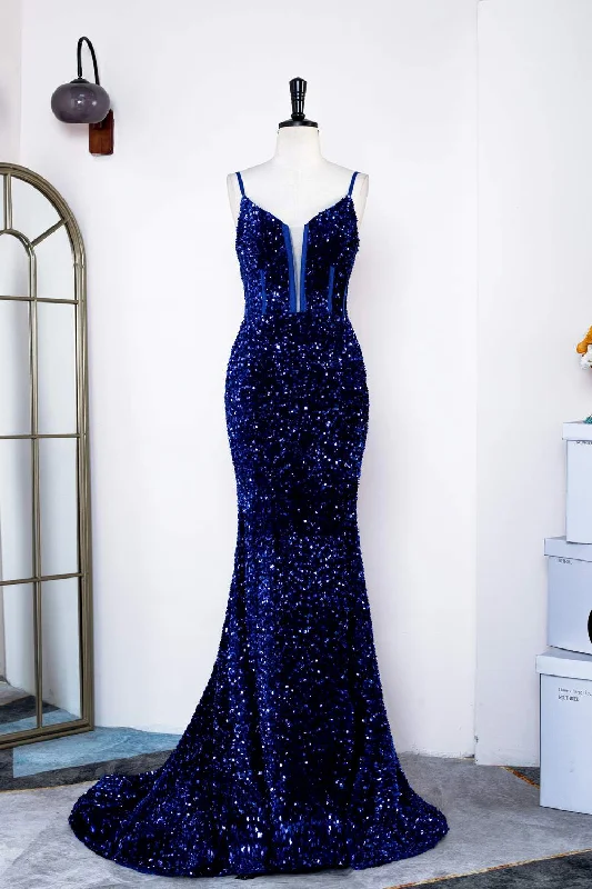 glamorous prom dressesRoyal Blue Sequins Spaghetti Straps Mermaid Long Prom Dress