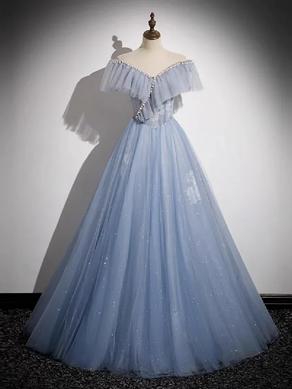 ready-to-wear prom dressesA-Line Off Shoulder Tulle Blue Long Prom Dress, Blue Long Formal Dress MD7255