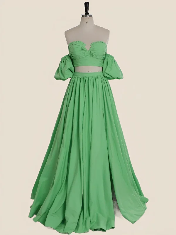 budget-friendly prom dressesTwo Piece Green A-line Long Prom Dress with Puff Sleeves