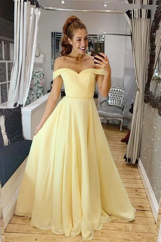 spaghetti strap prom dressesElegant Off Shoulder A-Line Yellow Long Prom Dress