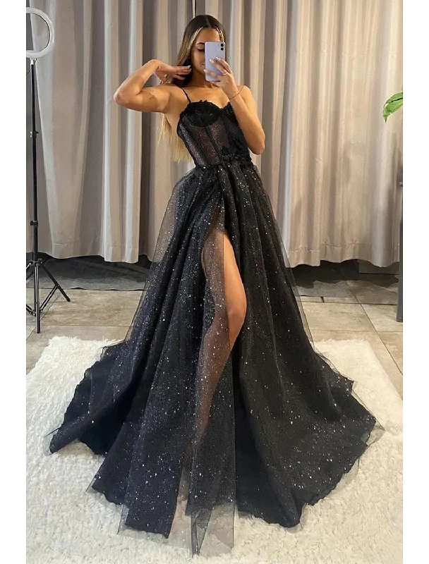 prom dresses with beaded accentsA-Line Prom Dresses Dress Graduation Floor Length Sleeveless Scoop Neck Tulle with Slit