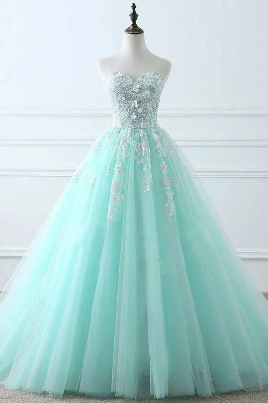 halter neck prom dressesTiffany Blue Sweetheart Puffy Tulle Prom Dress with Lace Appliques, Long Graduation Dress M1913