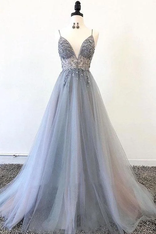 flutter sleeve prom dressesSpaghetti Straps V Neck Tulle Prom Dress with Appliques, A Line Long Formal Dress with Beads M1894