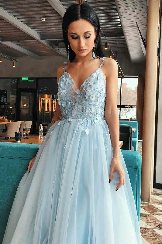 prom dresses for pear shapesA-Line Light Blue Tulle Prom Dress with Flowers