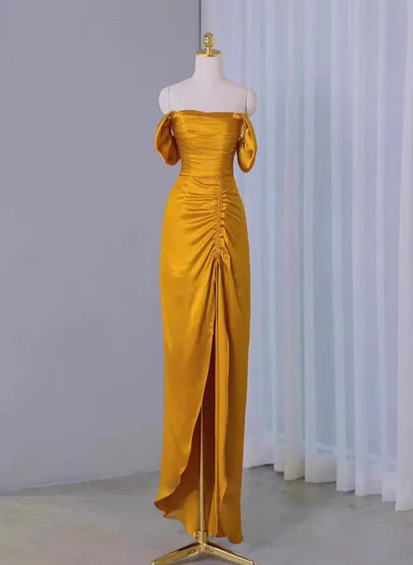 cap sleeve prom dressesOff The Shoulder Yellow Long Formal Dress Slit Prom Dress MD7739