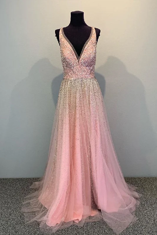 empire waist prom dressesA-line V-Neck Sequin Long Pink Prom Dress