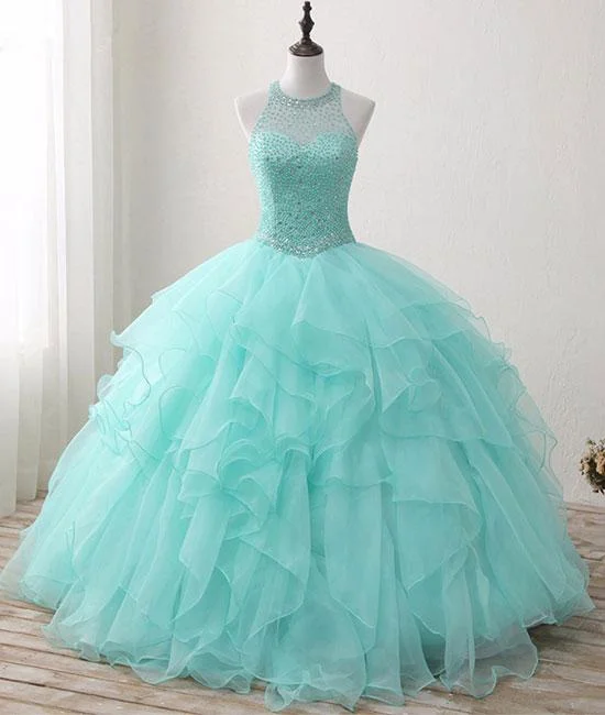 modern prom dressesCute green round neck tulle beads long prom dress, sweet 16 dress M4885