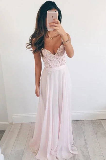 prom dresses with floral embroideryElegant A-line V-neck Long Chiffon Pink Long Prom Dress