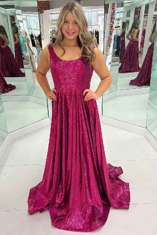 ball gown prom dressesFuchsia Sequin Round Neck Lace-Up Back A-Line Prom Dress