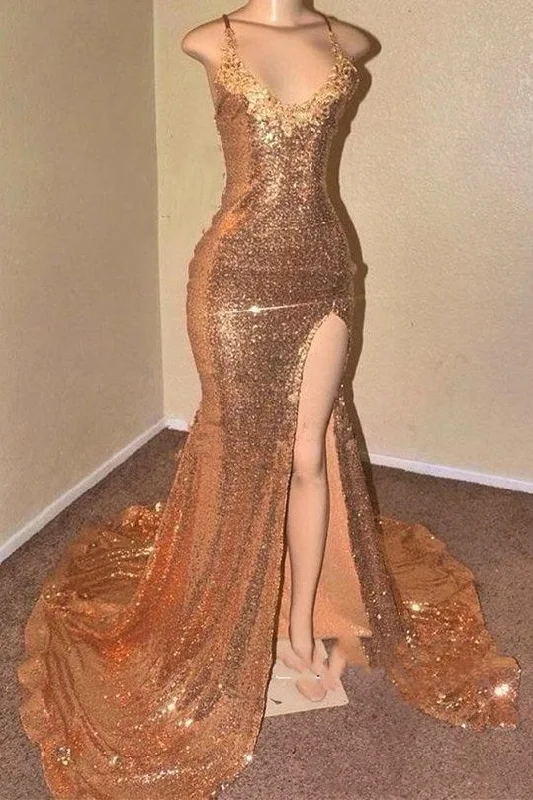 vintage prom dressesSexy Backless Gold Sequins Split Train Prom Dress