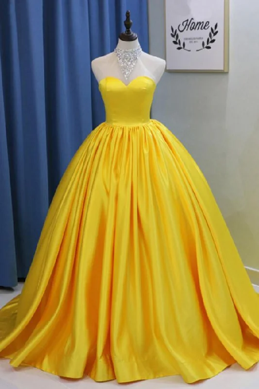 ready-to-wear prom dressesYellow Ball Gown High Neck Prom Dress with Beading, Long Halter Quinceanera Dress M1553