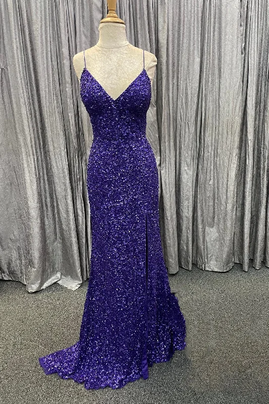 off-the-shoulder prom dressesMermaid Purple Sequin Long Prom Dress with Slit