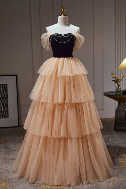 short prom dressesElegant Off Shoulder Layered Tulle Ball Gown Long Prom Dress MD7303