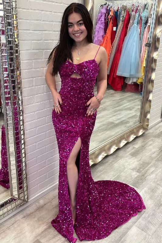 beaded prom dressesFuchsia Sequin Keyhole Mermaid Long Prom Dress with Slit