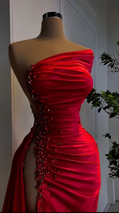 empire waist prom dressesSexy Red Beaded Satin Long Prom Dress with High Slit MD7718