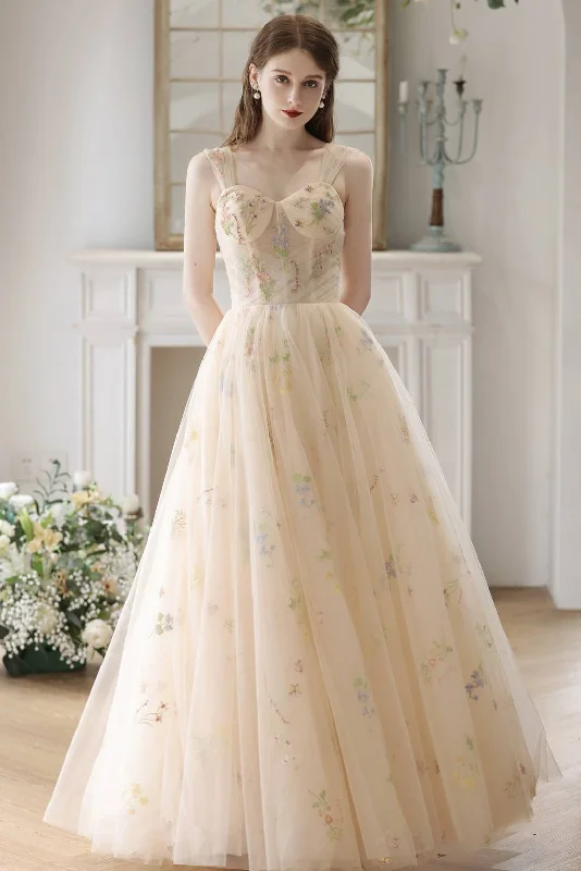 modern prom dressesSweetheart Champagne Floral Corset Long Prom Dress