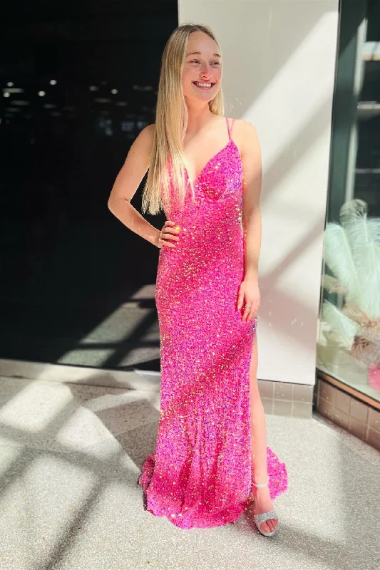 prom dress try-on ideasFuchsia V Neck Double Straps Sequins Cut-Out Long Prom Dress with Slit