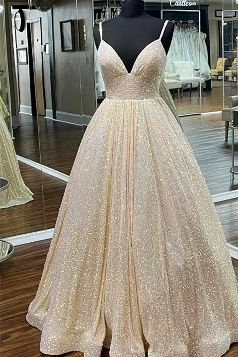 prom dress accessoriesChampagne Sequin Empire A-line Long Prom Dress