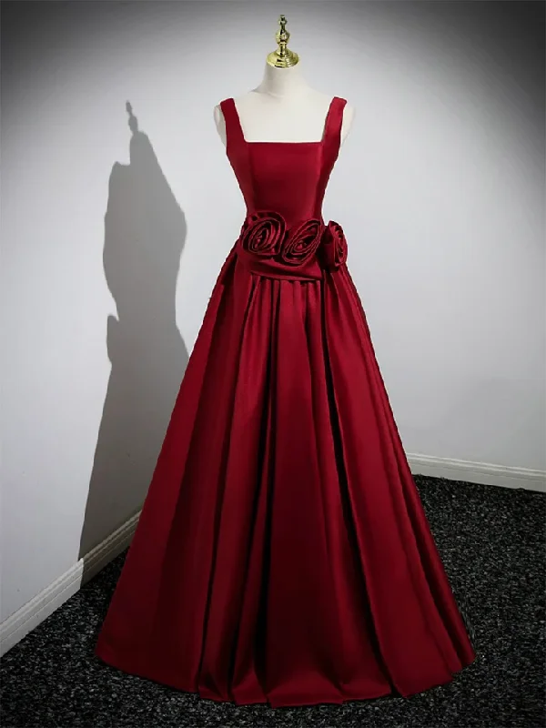 illusion neckline prom dressesRed Satin Long Prom Dress with Flowers Elegant A-Line Enening Gown MD7183