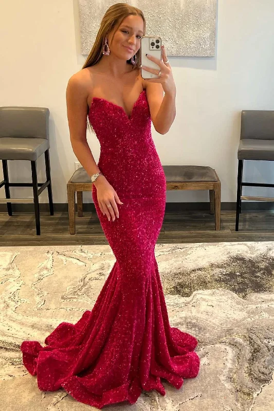 tulle prom dressesNeon Pink Sequin Strapless Mermaid Long Prom Dress