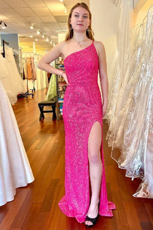 prom dress cleaningHot Pink Sequins One-Shoulder Long Prom Dress with Slit