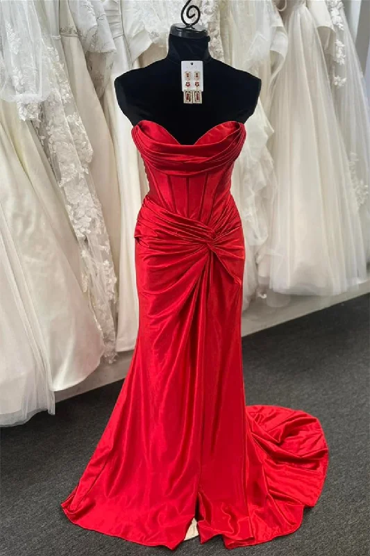 geometric print prom dressesRed Strapless Pleated Mermaid Twist Knot Long Prom Dress with Slit