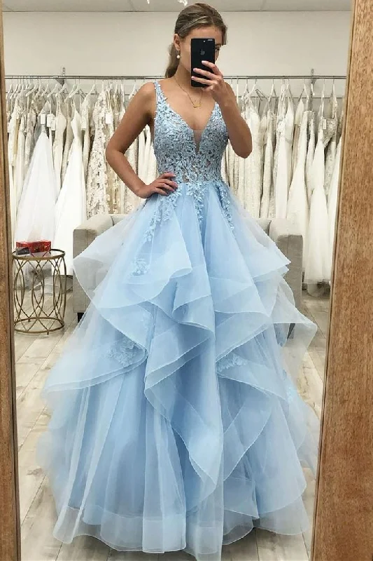 prom dress color trendsPrincess Blue A-line Ruffles Long Prom Dress