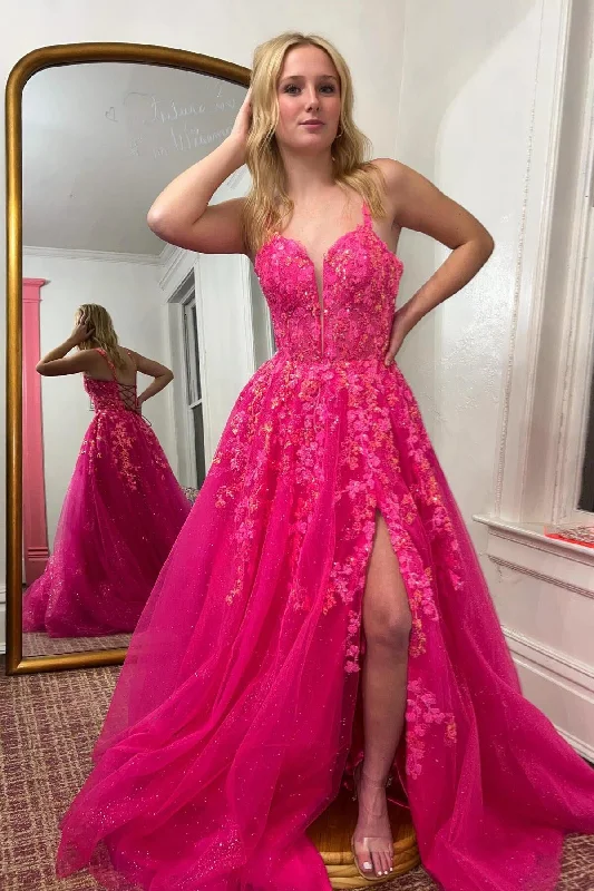 prom dresses with built-in petticoatsHot Pink Floral A-line Layers Long Prom Dress with Slit