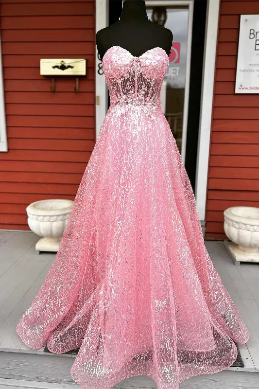 metallic prom dressesGlitter Pink Sweetheart Appliques A-Line Prom Dress