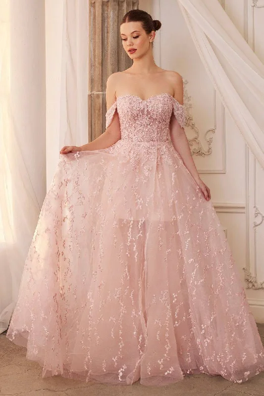 prom dress accessoriesOff Shoulder Sheer Laced Bodice Bouquet Lace A-line Overskirt Long Prom & Gala Dress CDA1207