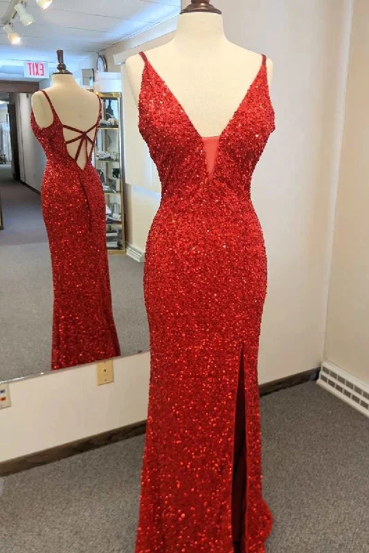 mid-length prom dressesRed Sequin Plunge Neck Cutout Back Long Prom Dress with Slit