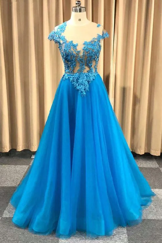 plus-size prom dressesBlue Sheer Neck Appliqued Tulle Prom Gowns, A Line Cap Sleeves Long Grduation Dresses M1730