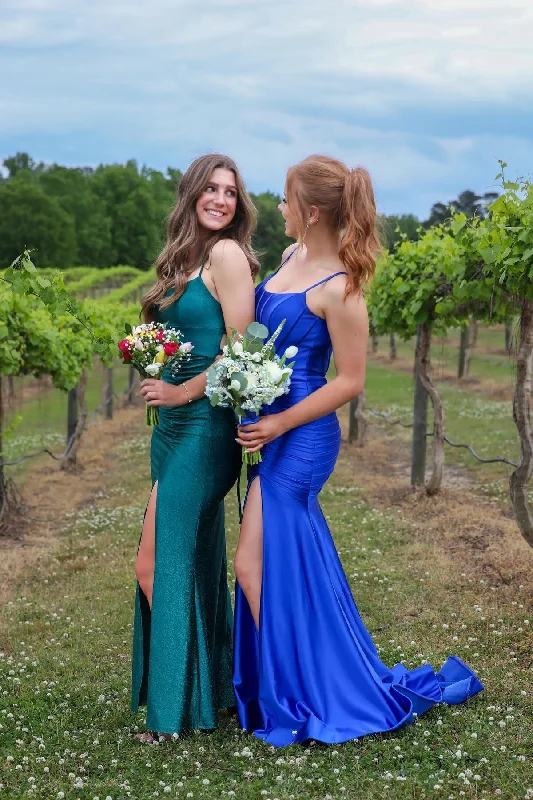 mini prom dressesSpaghetti Straps Royal Blue Satin Mermaid Prom Dress