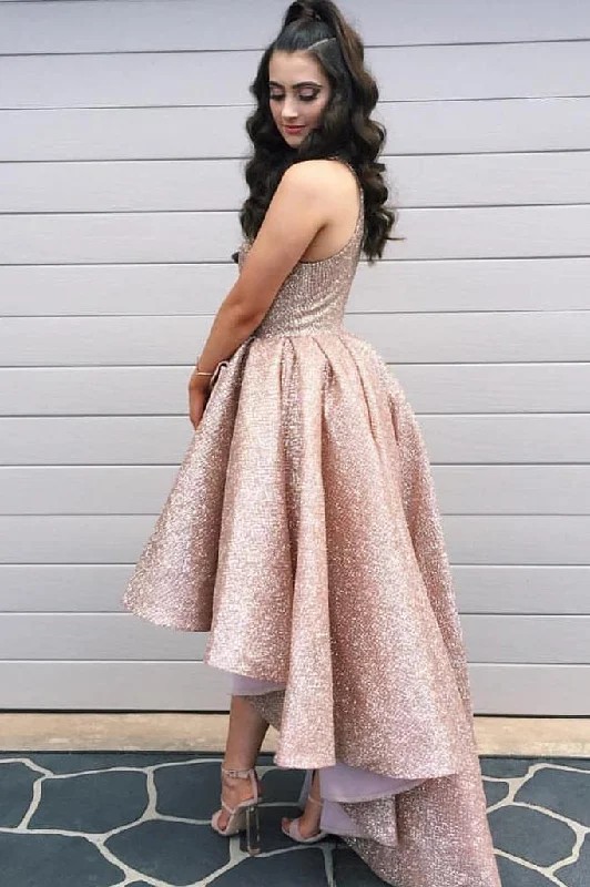 corset prom dressesSparkly High Neck High Low Rose Gold Long Prom Dress