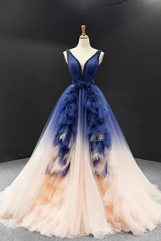 convertible prom dressesGradient Blue V-Neck Ball Gown Prom Dress, Princess Quinceanera Dress MD7223