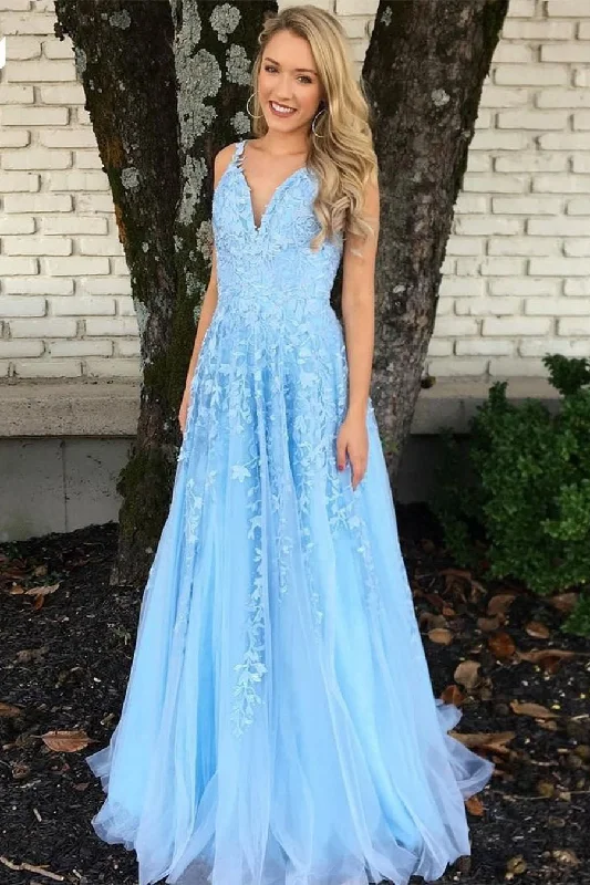 convertible prom dressesA-line Light Blue Tulle Long Prom Dress