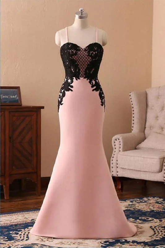 dark prom dressesCheap Pink Spaghetti Straps Sweetheart Long Mermaid Black Lace Prom Dress M1403