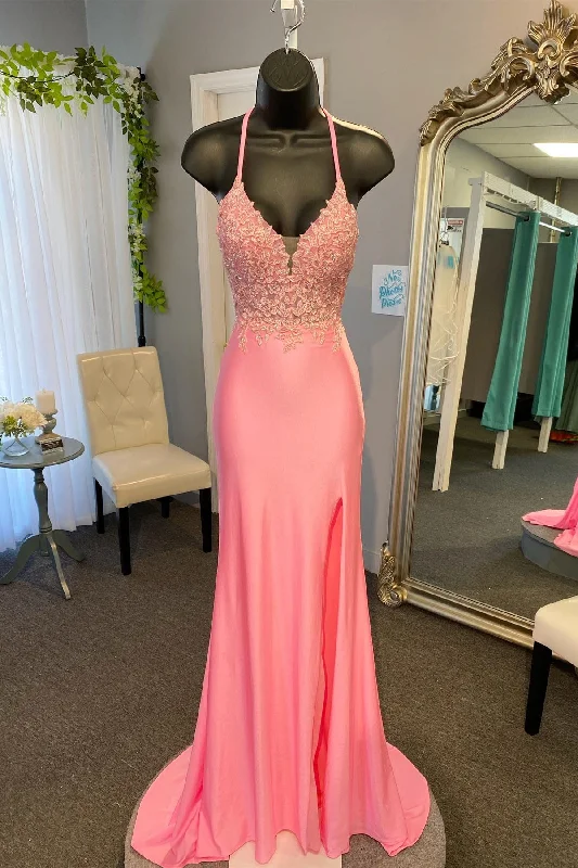 modern prom dressesCoral Straps Appliques Plunging V Neck Mermaid Long Prom Dress with Slit