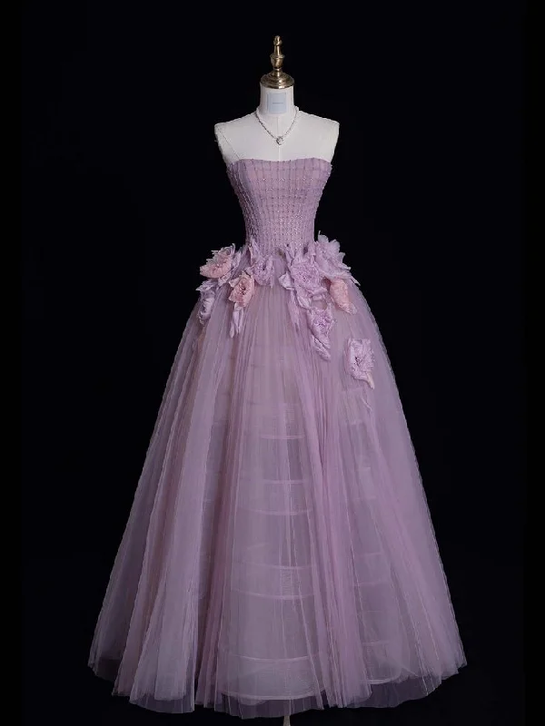 elegant prom dressesDusty Purple Strapless A-Line Tulle Floral Long Formal Prom Dress, MD7913