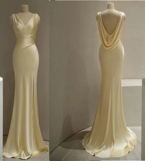 prom dresses for plus-size figuresPastel Yellow Satin Backless Mermaid Long Prom Dress, MD7993