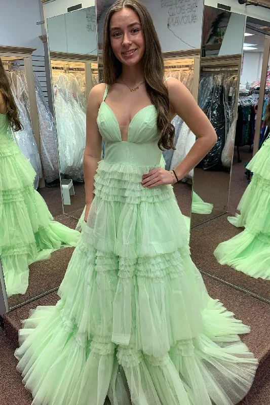 prom dresses with lace appliquésLemon Green Layers Spaghetti Straps A-line Long Prom Dress